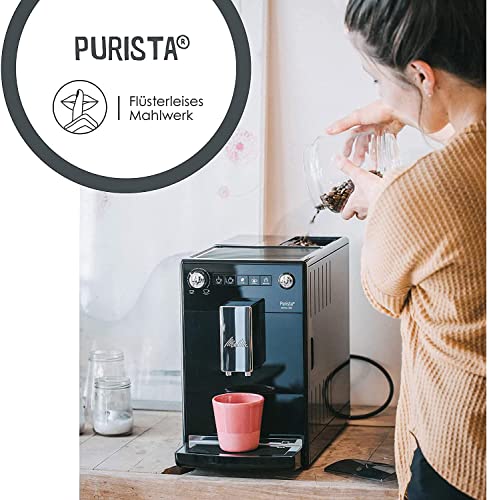 Melitta Purista F 230-101 Kaffeevollautomat mit flüsterleisem Kegelmahlwerk (Direktwahltaste, 2-Tassen Funktion, 20 cm Breite, entnehmbare Brühgruppe) silber/schwarz