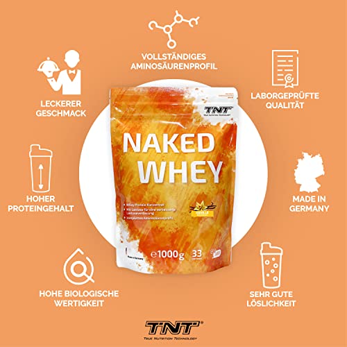 TNT Naked Whey Protein Pulver (1kg) • Eiweißpulver mit Laktase für Protein Shake, Backen & Kochen • Tolle Löslichkeit & leckerer Geschmack (Vanilla)