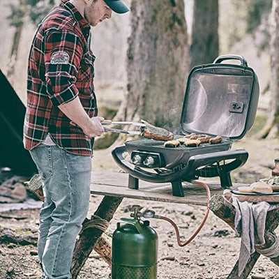 BURNHARD Tragbarer 2-Brenner Gasgrill Wayne, 3,5 kW bis zu 300°C Kompaktgrill mit Aludruckguss Brennkammer inkl. Abdeckhaube, Gusseisen Grillrost, 2 Edelstahlbrenner mit Piezozündung