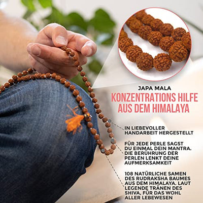 NATOVI Rudraksha Mala mit ECHTHEITSZERTIFIKAT & Mantra Meditations Anleitung - Set für innere Ruhe & Entspannung