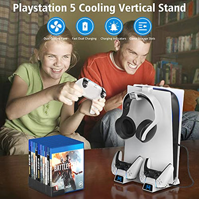 OIVO PS5 Standfuß mit Lüfter und PS5 Ladestation mit Headset Halterung im Miniformat für Playstation 5 PS5 Konsole, platzsparender PS5 Lüfter mit PS5 Controller Ladestation und 10 Spieleschlitzen