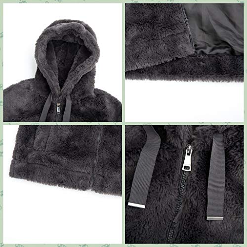 BELLIVERA Damen Kunstfelljacke Kurz Fleecejacke Winter Warme Teddy Mantel mit kapuze 1712014 Grau M