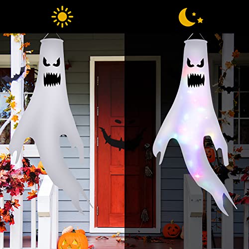 Mokot Halloween Deko Outdoor, 120CM Halloween Geist Dekoration Garten mit Led Lichterkette, Halloween Windsäcke Flagge hängen Ghost für Party Horror - 2 Stück