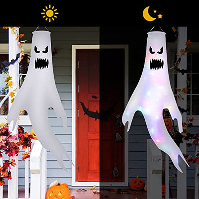 Mokot Halloween Deko Outdoor, 120CM Halloween Geist Dekoration Garten mit Led Lichterkette, Halloween Windsäcke Flagge hängen Ghost für Party Horror - 2 Stück