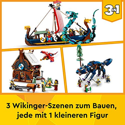 LEGO 31132 Creator 3in1 Wikingerschiff mit Midgardschlange, Set mit Schiff, Haus, Spielzeug-Wolf und Tier-Figuren, Geschenk zu Weihnachten für Kinder