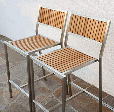 2 Stück Edelstahl Teak Barhocker Barsessel Bistrosessel Bistrohoker Massive Ausführung A-Grade Teakholz MEXIKO Gartenmöbel Modell: MEXIKO von AS-S