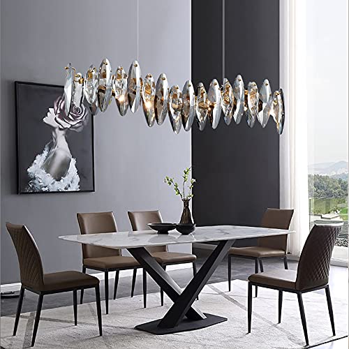 TTNAO Kristall Kronleuchter Luxus Gold Pendelleuchte Schön Grauer Funkelnder Kristall Blätter Modern Pendelleuchten für Kücheninsel Wohnzimmer Esszimmer Schlafzimmer Lampe,6-Flammig(Rectangular)