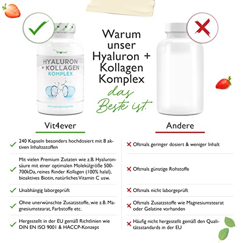 Hyaluronsäure Kollagen Komplex - 240 Kapseln - Premium: Mit bioaktives Biotin, Selen, Zink, natürliches Vitamin C aus Acerola & Silizium aus Bambus - Laborgeprüft