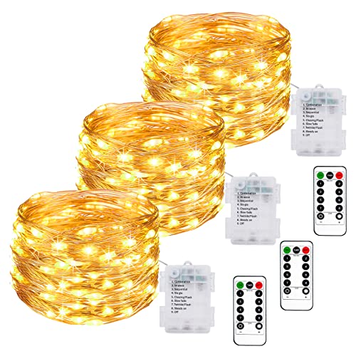 【3 Stück】LED Lichterkette Batterie mit Fernbedienung,10M 100LED Lichterkette Akku mit Timer 8 Modi IP65 Wasserdichte Lichterketten Außen Warmweiß Lichterkette Draht für Weihnachten Innen Aussen Deko