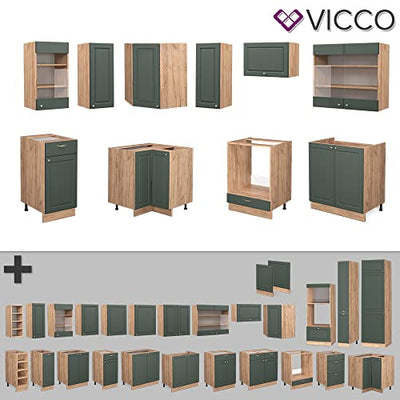 Vicco Eckküche Küchenzeile Einbauküche Fame-Line Landhaus 190 cm Schubunterschrank Spülenunterschrank Eckunterschrank Herdumbauschrank Hängeglasschrank Hängeschrank (Eiche-Grün-Gold)