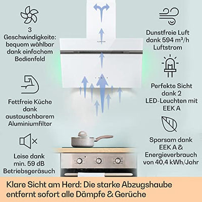 Klarstein Dunstabzugshaube, Abzugshaube für Küchen, Dunstabzugshaube mit Filter, Dunstabzug mit 594 m³/h Luftstrom, Wandhaube mit LED Beleuchtung, Energieklasse A, Dunstabzugshaube 60cm Umluft