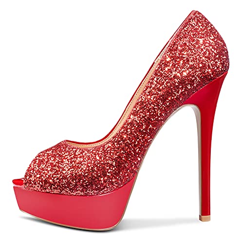 NobleOnly Damen Plattform Peep-Toes Pumps 13CM Stilettos High Heels Rot Glitter Schuhe EU38