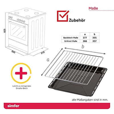 Simfer Standherd 50 cm mit Glaskeramik-Kochfeld SMF-FS 4227, 48 Liter, Elektroherd, 4 Hilight-Zonen, Grillfunktion, Backraumbeleuchtung, Backofentür