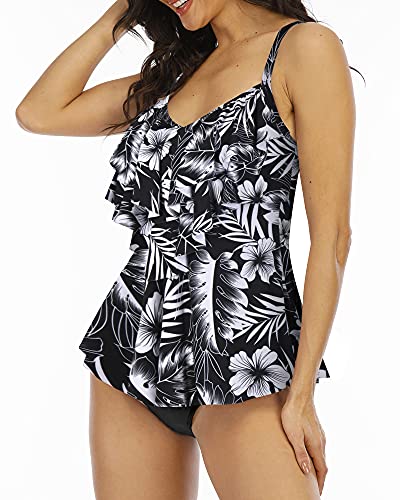 WIN.MAX Damen Tankini Bademoden Sets Hohe Taille Rüschen Volant 2 Stück Bikini Set Schwimmkostüm Plus Size Badeanzug (Monochrome Floral, EU42)