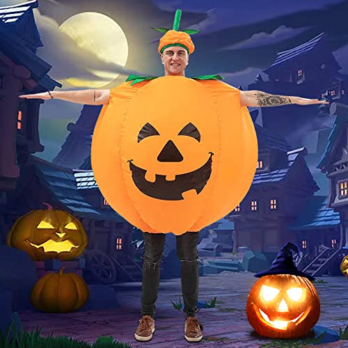 BETTWITEH Halloween Kürbis Kostüme für Erwachsene Aufblasbare Kürbis Kostüm Blow Up Kürbis Anzug Lustige Kürbis Gesicht Jumpsuit Fancy Kleid für Halloween Party Weihnachtsmaske