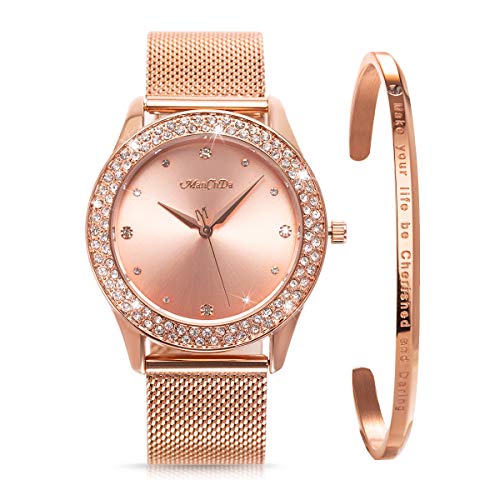 ManChDa Frauen Armbanduhr Kristall Mesh Edelstahl Gurt Damen Quarz Diamant Klassische Mode Romantische + Schmuck Manschette Armband Set (Rosegold)