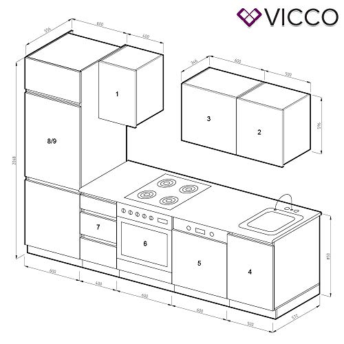 Vicco Küche Optima Küchenzeile Küchenblock Einbauküche 270cm Anthrazit Hochglanz