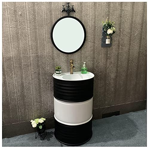 YRRA Waschtisch Stehend mit Unterschrank Industrial Style, Badmöbel Set mit Waschbecken, Wrought Iron Washbasin with Combination Tap and Drain 22,8 x 19,2 x 35,4 Zoll,Schwarz,with Mirror