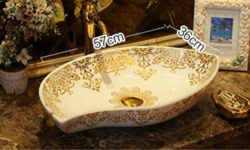 YIQIFEI Oval Jingdezhen Badezimmer Keramik Waschbecken Waschbecken Counter Top Waschbecken Waschbecken weiß mit Goldmuster Waschbecken