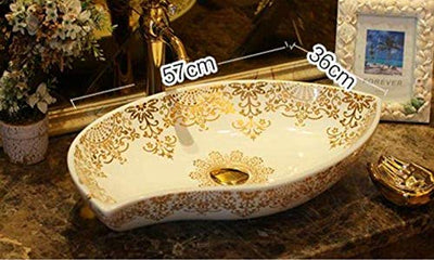 YIQIFEI Oval Jingdezhen Badezimmer Keramik Waschbecken Waschbecken Counter Top Waschbecken Waschbecken weiß mit Goldmuster Waschbecken