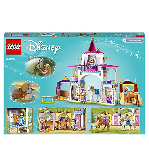 LEGO 43195 Disney Princess Belles und Rapunzels königliche Ställe, Bauspielzeug für Kinder ab 5 Jahren mit Pferd- und Minipuppen-Figuren