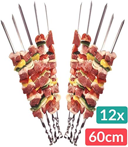 12 Grillspieße Schaschlikspieße aus Edelstahl 60cm | Fleischspieße für BBQ & Grill | Kebab Spieße | Schampura für Mangal