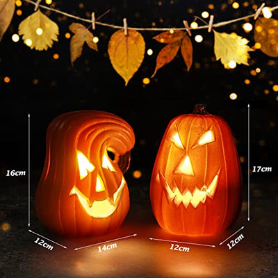 Halloween Deko Kürbis LED, 2-er Set Kürbis Deko, Kürbisse Teelichthalter Windlichter mit Warmweiß Licht, Baterriebetrieben Laterne Halloween Deko Windlicht Herbstdeko für Garten Terrasse Front Tür