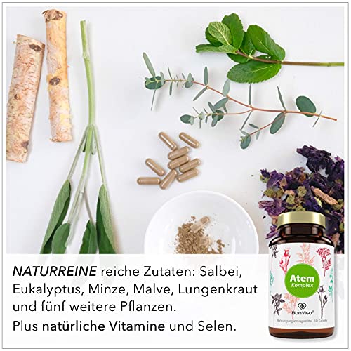 BonVigo® Atem Kapseln mit Lungenkraut - Bessere Rezeptur: Mikronährstoffe für Atemwege, Bronchien, Lunge, Immunsystem, Zellschutz* - 11-Pflanzen-Komplex mit Eukalyptusöl, Salbei, Isländisch Moos (1)