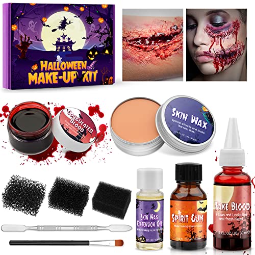 Halloween SFX Schminke Kit, KHOLEZ Halloween Kunstblut Set Mit Tupferschwämme, Special Effects Makeup Kit Wound Molding Skin Wax Mit Spatel, für Realistisch Wunden Narben Makeup für Zombie Vampir