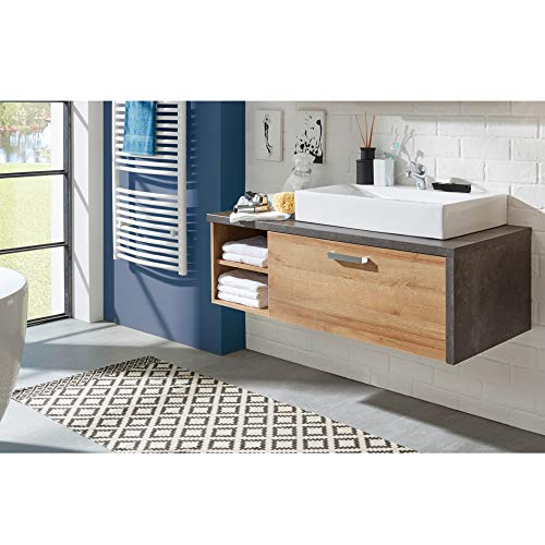 trendteam Badezimmer Waschbeckenunterschrank Unterschrank Bay, 123 x 39 x 53 cm in Korpus Beton Stone Dekor, Front Eiche Riviera Honig inkl. Waschbecken