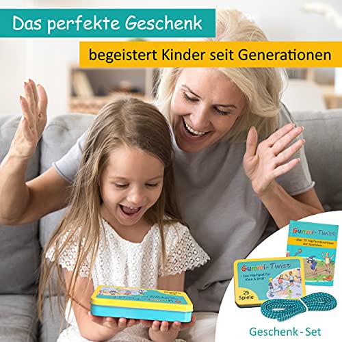 GLÜCKSWOLKE Gummitwist + Anleitung (Buch) mit 25 Spiele I Hüpfgummi für Kinder Sport I Hüpfspiele - Gummi Twist I Outdoor Gartenspiele I Spielzeug für draußen I Geschenke für Junge & Mädchen – NEU