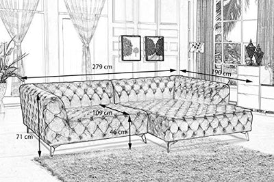 XXL Couch Federkern - KAWOLA Ecksofa Schwarz I Federkern Couch mit Recamiere rechts I Chesterfield Sofas mit Metallfüße (BxHxT) 279x71x190 I Chesterfield Ecksofa Couch I Eckcouch mit Federkern