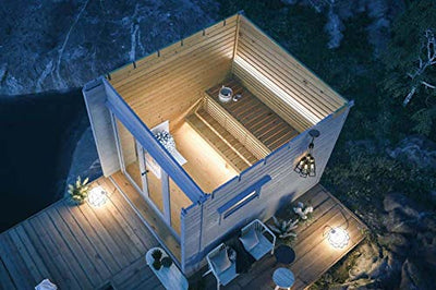 Polhus Gartensauna aus Holz Mauri, Outdoor-Sauna modern für 6 Personen, Außensauna Garten mit Panoramafenster aus Isolierglas, Saunahaus 339 x 384 x 285 cm, naturbelassen