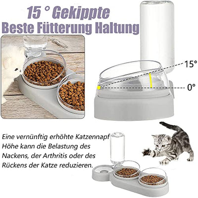 Katzennapf-Set 15° Neigbar Doppelter Futternapf für Nass- Trockenfutter, mit Automatischer Wasserflasche, für Kleine und Mittelgroße Hunde und Katzen