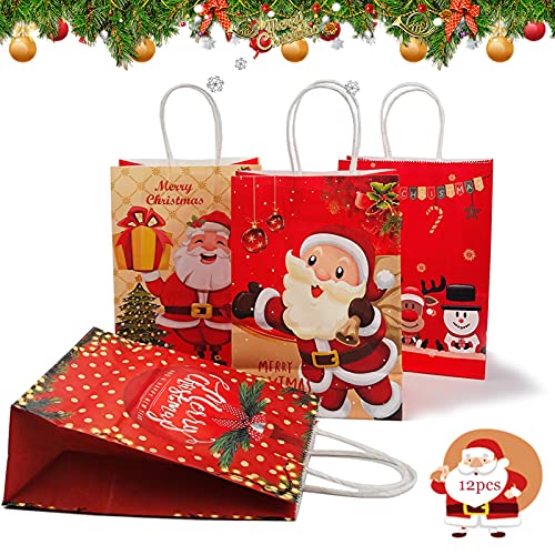 Geschenktüten weihnachten, 12 Stücke Weihnachts Kraft Geschenktaschen Kraftpapier Verpackung Weihnachten Geschenk Papiertueten, Santa Geschenktüte Tote Bag für Geschenke Party (A)