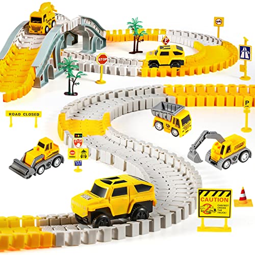 Kizplays 260pcs Autorennbahn Rennbahn 6 Cars Bagger Spielzeug ab Spielzeugautos Autobahn ab 3 4 5 6 Jahre Junge Mädchen,Flexible Track Kran Spiele , Elektroauto Cars Autorennbahn für Kinder Geschenk