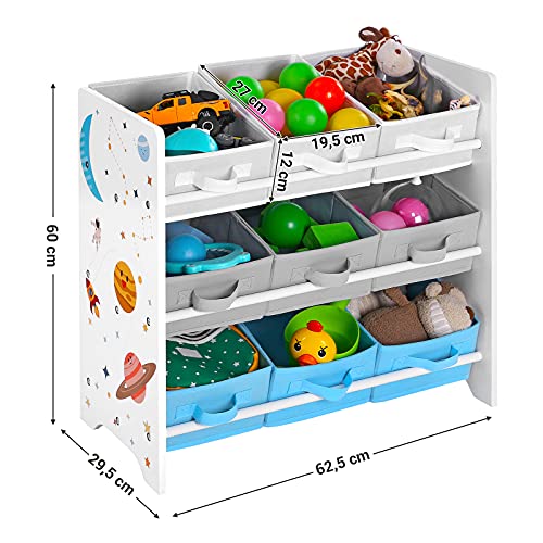 SONGMICS Kinderzimmerregal, Spielzeug-Organizer, Bücherregal für Kinder, mit 9 Aufbewahrungsboxen aus Vliesstoffe, Kinderzimmer, Schule, Kindergarten, 62,5 x 29,5 x 60 cm, Weltall-Motive, weiß GKR33WT