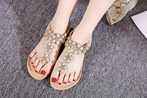 SANMIO Damen Sandals Bohemian Strass Flach Sandaletten PU Leder Zehentrenner, Beige-a, Gr.- 37 EU