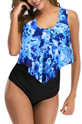 Adisputent Womens High Waisted Bathing Suits Flounce Swimwear Racerback Tankini Tummy Control Bikini Two Piece Modest Swimsuits Blue Tie Dye M