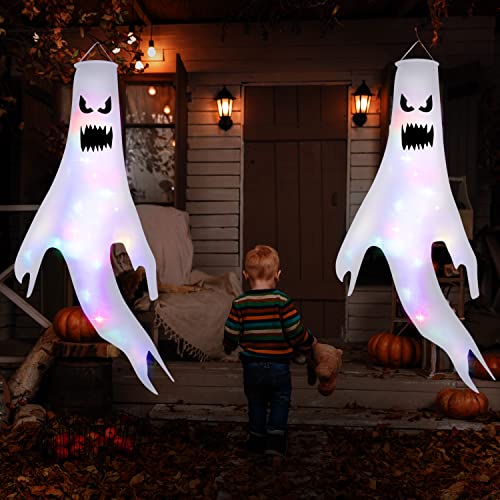 Mokot Halloween Deko Outdoor, 120CM Halloween Geist Dekoration Garten mit Led Lichterkette, Halloween Windsäcke Flagge hängen Ghost für Party Horror - 2 Stück