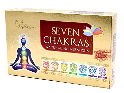 Räucherstäbchen Set 7 Chakren, indische Premium Masala Stäbchen, 7 Sorten Muladhara, Swadhisthana, Manipura, Anahata, Vishudha, Ajna und Sahasra, für Meditation/Yoga, edles Chakra Geschenkset