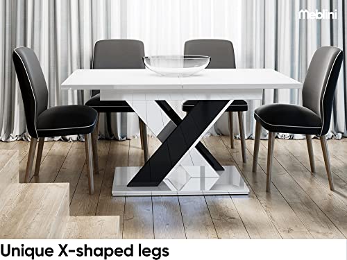 MEBLINI Esstisch Ausziehbar - Esszimmertisch Modern - Küchentisch - Säulentisch - Ausziehtisch - Dining Table - Esszimmertische - 140-180x80x75cm - Bronx - Weiß Hochglanz/Schwarz Hochglanz