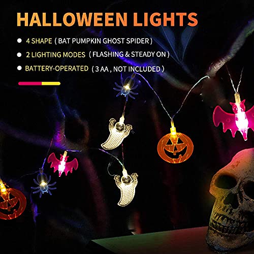 WUJUN Halloween-Lichterkette 2m 20LEDs, Kürbisse, Geister, Fledermäuse, Spinne, batteriebetrieben, Lichterkette für Fenster, Veranda, Treppen, Bar, Halloween, Dekorationen