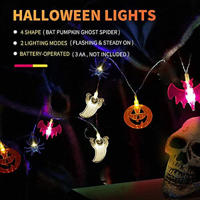 WUJUN Halloween-Lichterkette 2m 20LEDs, Kürbisse, Geister, Fledermäuse, Spinne, batteriebetrieben, Lichterkette für Fenster, Veranda, Treppen, Bar, Halloween, Dekorationen