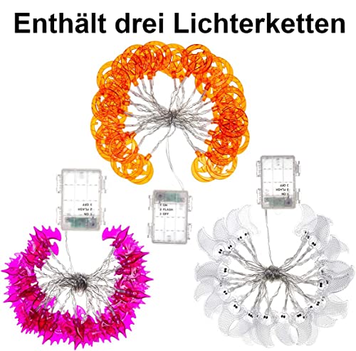 Halloween LED Lichterkette,3 Stück 3M 20 LED Lichterkette außen,2 Modi Lichterkette Halloween Deko Kürbis, Geister, Fledermaus Anhänger Lichter mit Batteriebetrieben für Halloween Deko Party Garten