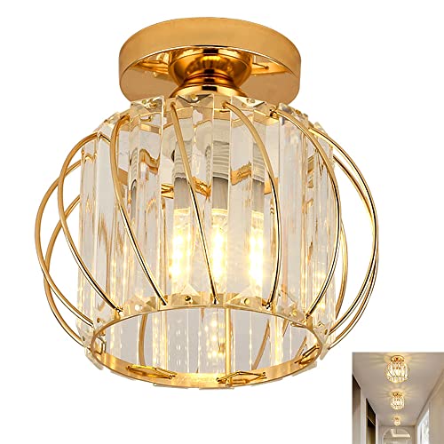 Deckenleuchte Vintage Deckenlampe E27 Kristall Kronleuchter industrielle Flurlampe aus metall Käfig Lampenschirm runden für Küche Wohnzimmer Schlafzimmer Flur Esszimmer Korridor Küche, Gold