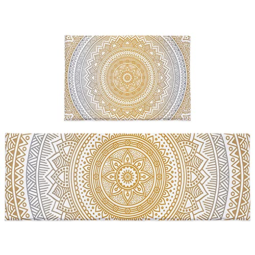 2-teiliges Badteppich-Set, Mandala-Blumenmuster, Badezimmer-Fußmatte, Orange, Ombre, saugfähig, rutschfest, Badematten-Set mit Läufer, Küchen-Fußmatte, Teppich, 60 x 90 cm + 60 x 180 cm