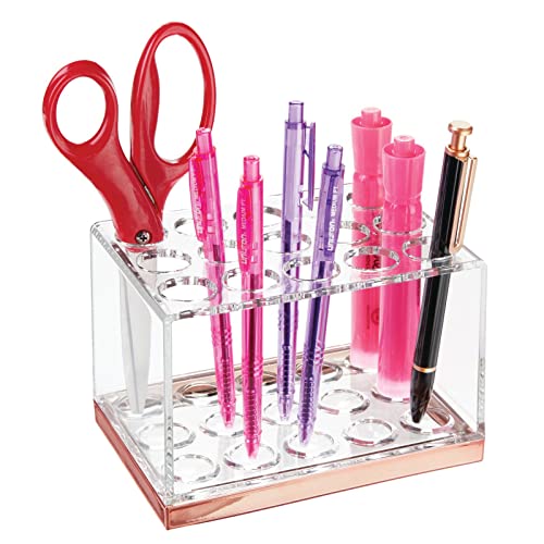 mDesign praktischer Kosmetik Organizer – dekorative Kosmetik Aufbewahrungsbox für Wimperntusche und Lippenstift – Ablage mit 15 Fächern zur Schminkaufbewahrung – durchsichtig und rotgold