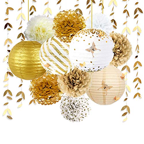 Weißgold Partydekoration, Laternen für Blumen Pom Pom Pom mit Aufklebern Schmetterling 3D Girlande Blätter für Hochzeit Verlobung Dusche Junggesellinnenabschied Party Dekoration