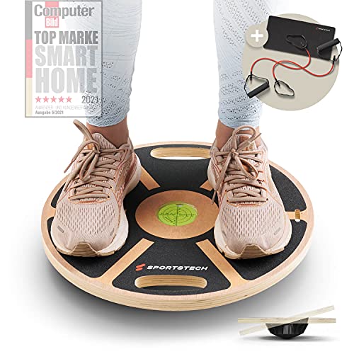 Sportstech Premium Balance Board aus Holz & integrierter Gleichgewichtswaage | Fitnessgerät für Zuhause | Gleichgewichtstrainer & Wackelbrett für Ganzköpertraining | Plank Board mit Power-Rope | BB100